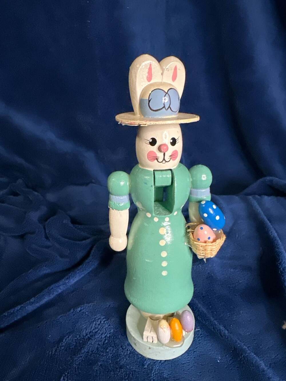 Terry's Village Wooden Easter Bunny Nutcracker in Green Dress with Egg Basket